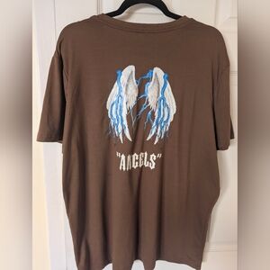 MEN'S Y2K Style Brown Short Sleeve T-Shirt with Angel Wings Design Size XL